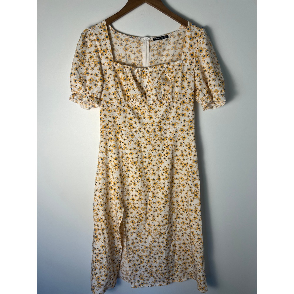 Floral Midi Dress Wm M Yellow Blue Puff Sleeve Slit Square Neck Cottagecore